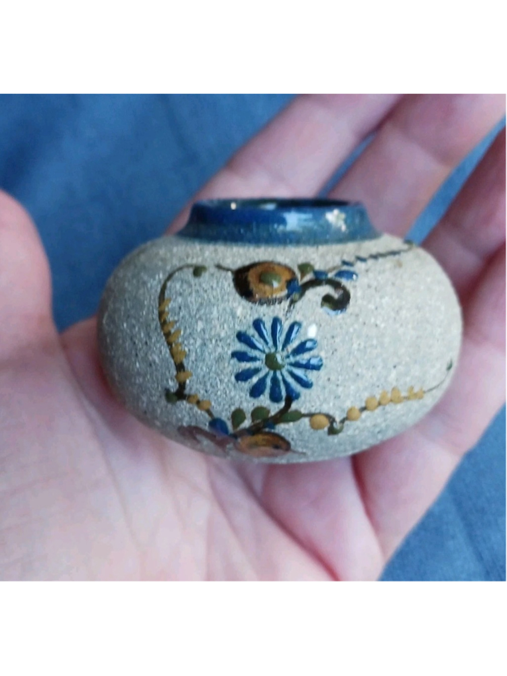 Vintage Tonala Stoneware Pottery Floral Mini Olla Vase Pot 2.25 Dia. Gray Blue